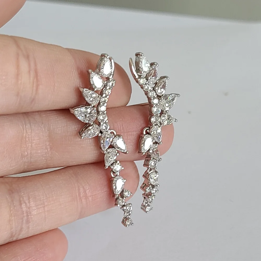 Sterling Silver Crystal Leaf Half Ear Drop Dangle Evening Cocktail Earrings - Picture 6 of 11